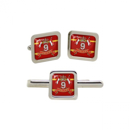9th Queen's Royal Lancers, British Army Square Cufflinks and Tie Clip Set
