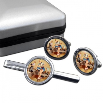 Bowling Accident Pin-up Girl Round Cufflink and Clip Set
