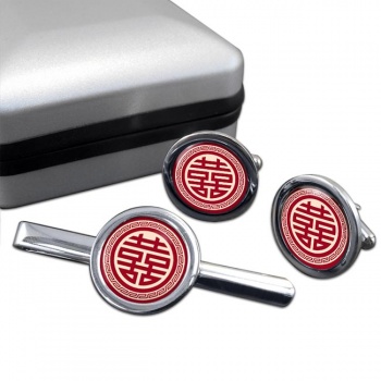 Chinese Happiness Symbol Round Cufflink and Tie Clip Set