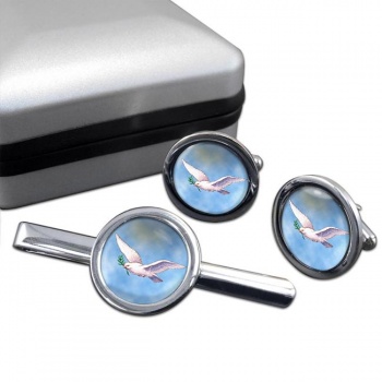 Dove of the Ark Round Cufflink and Tie Clip Set