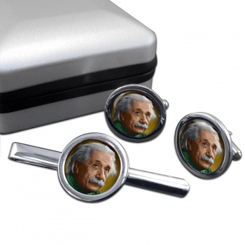 Albert Einstein Round Cufflink and Tie Clip Set