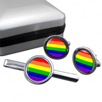 Gay Rainbow Round Cufflink and Tie Clip Set