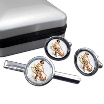 Help Needed Pin-up Girl Round Cufflink and Clip Set