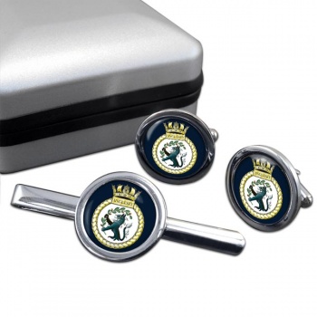 HMS Anglesey (Royal Navy) Round Cufflink and Tie Clip Set
