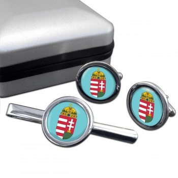 Hungary Coat of Arms Round Cufflink and Tie Clip Set
