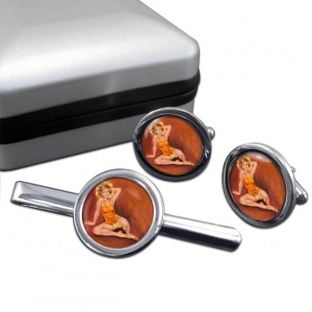 Jeanette Pin-up Girl Round Cufflink and Clip Set