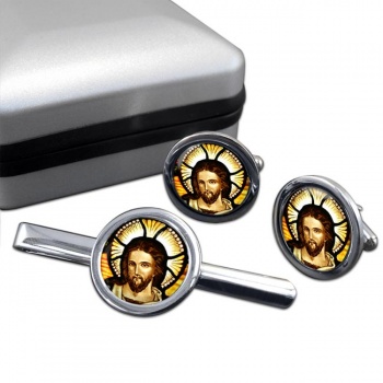 Icon of Christ Round Cufflink and Tie Clip Set