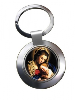 Holy Mother Mary and Baby Jesus Leather Chrome Key Ring