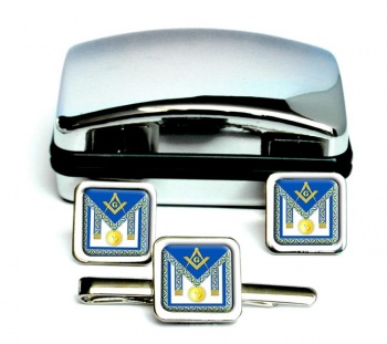Masonic Apron Symbol Square Cufflink and Tie Clip Set
