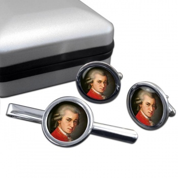 Wolfgang Amadeus Mozart Round Cufflink and Tie Clip Set