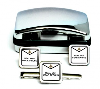 Real Men Wear Aprons Masonic Square Cufflink and Tie Clip Set