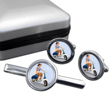 Pin-up Scooter Girl Round Cufflink and Clip Set