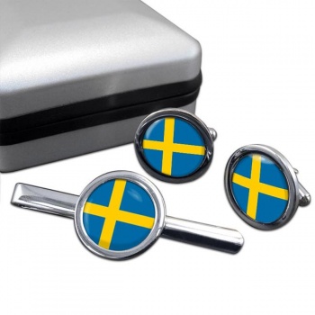 Sweden Sverige Round Cufflink and Tie Clip Set