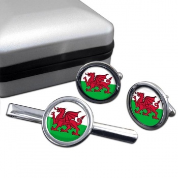 Wales Cymru Round Cufflink and Tie Clip Set