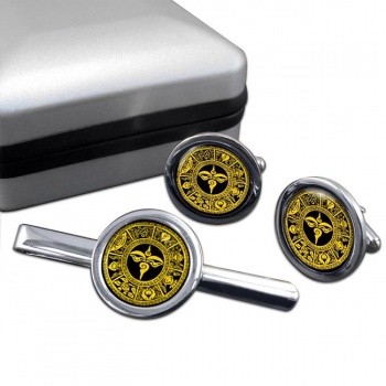 Ashtamangala 8 Auspicious Symbols Round Cufflink and Tie Clip Set