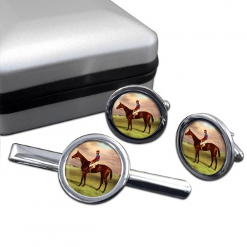 Bay Filly Agility by H. Hall Round Cufflink and Tie Clip Set