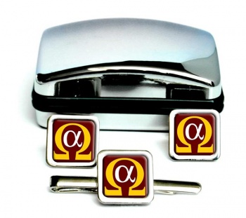 Alpha Omega Square Cufflink and Tie Clip Set