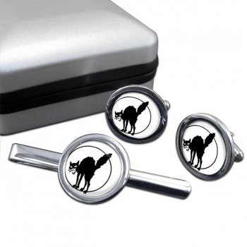 Anarchist Black Cat Round Cufflink and Tie Clip Set