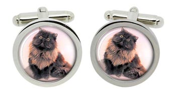 Black Persian Cat Cufflinks in Chrome Box