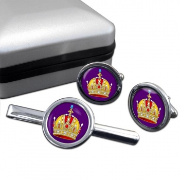 Austrian Imperial Crown Round Cufflink and Tie Clip Set