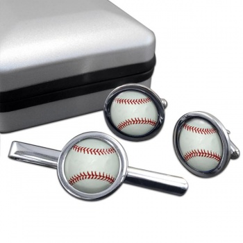 Baseball Ball Round Cufflink and Tie Clip Set