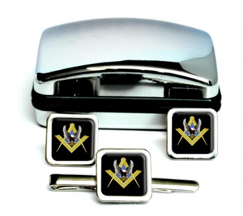 Bikers Masonic Square Cufflink and Tie Clip Set