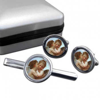 l'amour et psyche enfants by Bouguereau Round Cufflink and Tie Clip Set