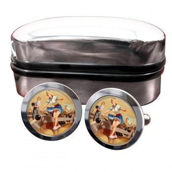Bowling Accident Pin-up Girl Round Cufflinks