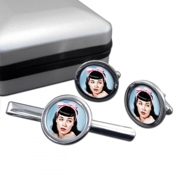 Bettie Page Round Cufflink and Tie Clip Set