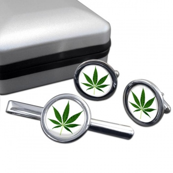 Marijuana Cannabis Leaf Round Cufflink and Tie Clip Set