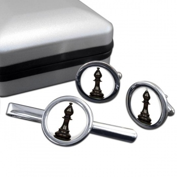 Chess Bishop Round Cufflink and Tie Clip Set