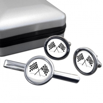 Chequered Flags Round Cufflink and Tie Clip Set