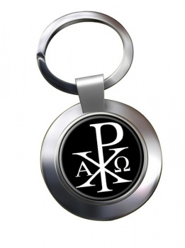 Chi-Rho Alpha Omega Leather Chrome Key Ring