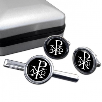 Chi-Rho Alpha Omega Round Cufflink and Tie Clip Set