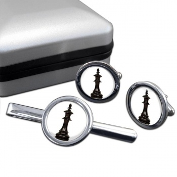 Chess King Round Cufflink and Tie Clip Set