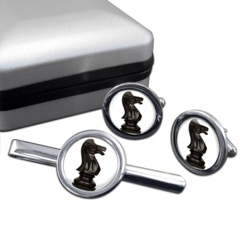 Chess Knight Round Cufflink and Tie Clip Set