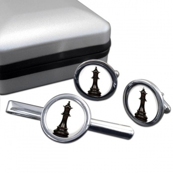 Chess Queen Round Cufflink and Tie Clip Set