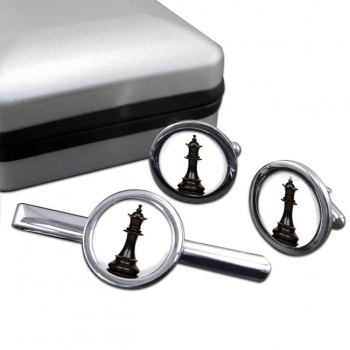 Chess Queen Round Cufflink and Tie Clip Set