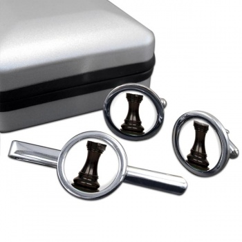 Chess rook Round Cufflink and Tie Clip Set