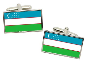 Uzbekistan Flag Cufflinks in Chrome Box