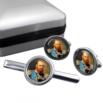 Czar Alexander III Round Cufflink and Tie Clip Set