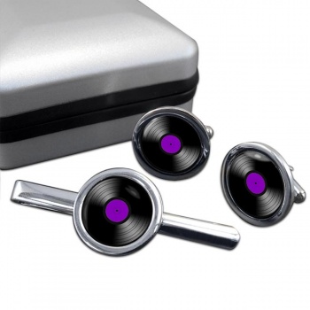 DJ Record Purple Label Round Cufflink and Tie Clip Set