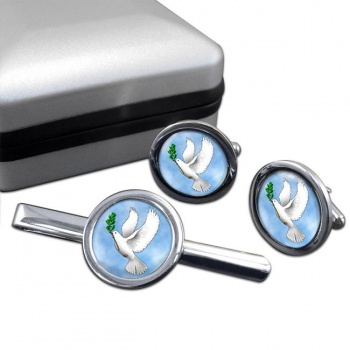 Dove of Noah Round Cufflink and Tie Clip Set