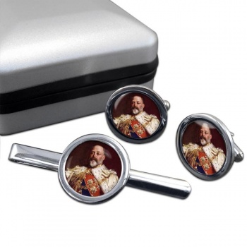 King Edward VII of Great Britain Round Cufflink and Tie Clip Set