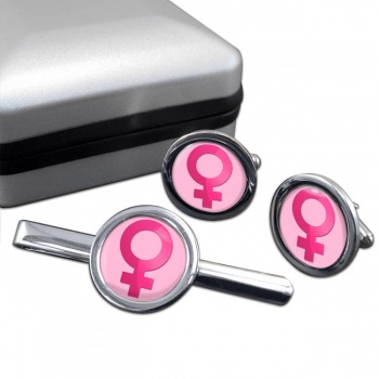 Venus Female Symbol Round Cufflink and Tie Clip Set