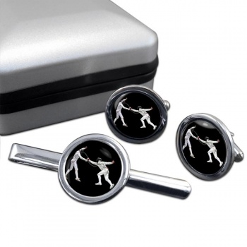 Fencing Round Cufflink and Tie Clip Set