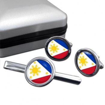 Philippines Pilipinas Round Cufflink and Tie Clip Set