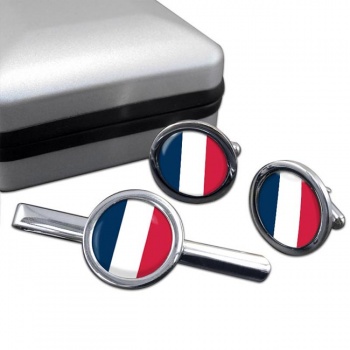 France (Flag) Round Cufflink and Tie Clip Set