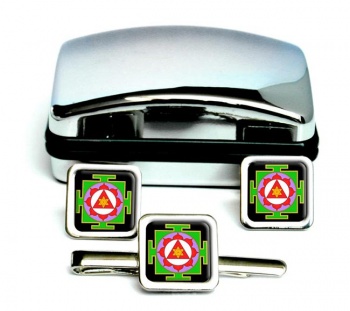 Ganesha Yantra Square Cufflink and Tie Clip Set