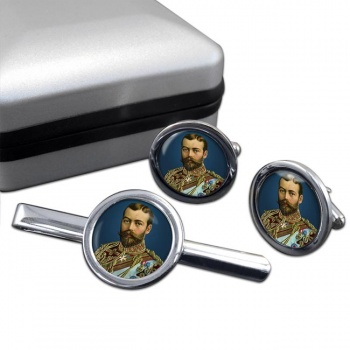 King George V of Great Britain Round Cufflink and Tie Clip Set